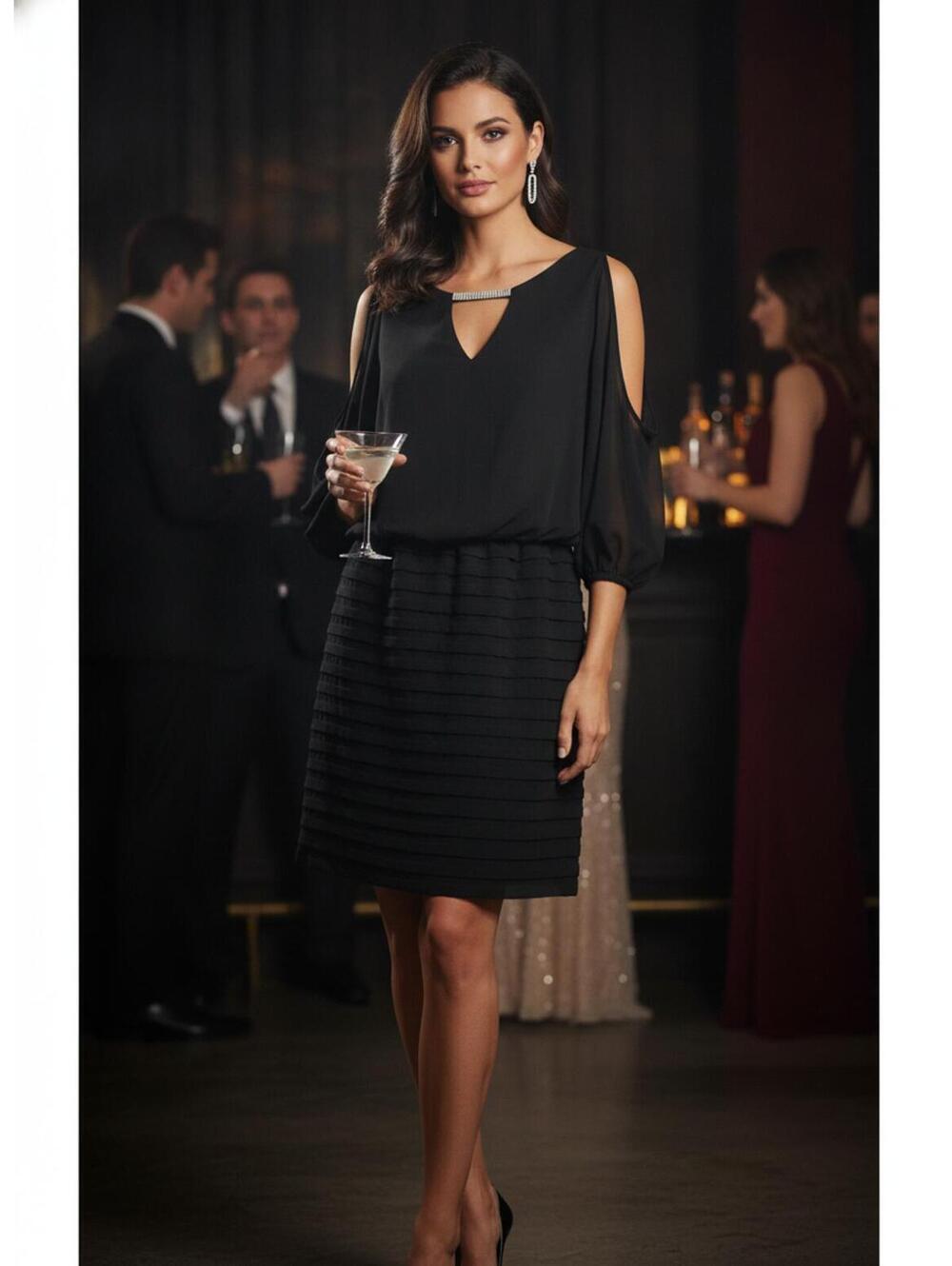 XSCAPE Black Sheath Dress with Sheer Blouson Overlay, Size 14W